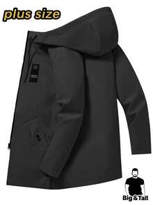 大码男士中长款户外运动徒步夹克，带抽绳连帽，纯色，适合日常休闲穿着