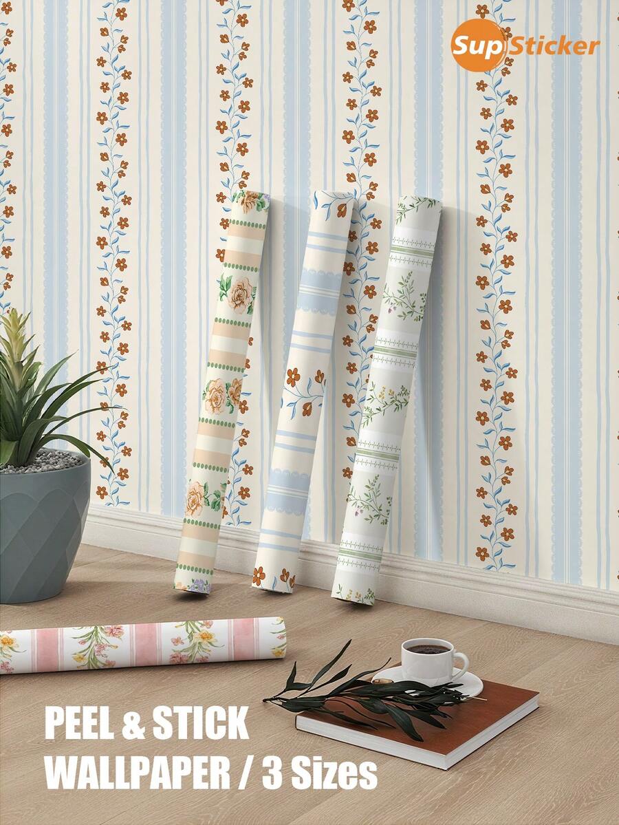 15.75x47.24/141.73/188.98 Inch, 1 Roll/1 PC, Superstiker Creative Floral & Striped Pattern Peel And Stick Removable Vinyl Wallpaper, High Definition, No Residue, DIY For Living Room, Bedroom, Wardrobe, Cabinet, Home Decor Wall Paper Wall Stickers Wall Decor Room Decor Wallpaper Peel And Stick - Multicolor - View 1