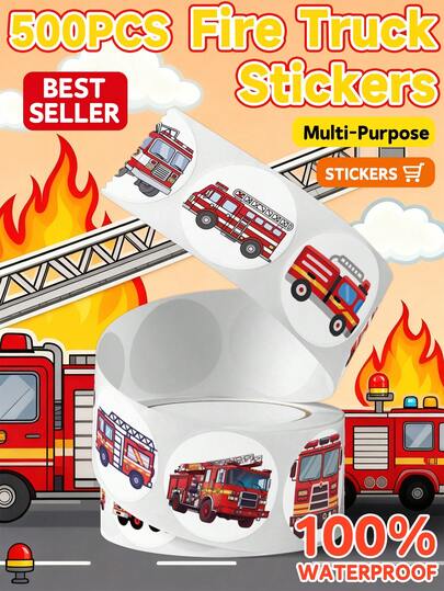 500 Piezas de Pegatinas de Camión de Bomberos de Dibujos Animados, Cinta para Scrapbook, Pegatinas de Recompensa, Regalos de Vuelta a la Escuela, Pegatinas para Sellar Sobres, Pegatinas Decorativas DIY para Botellas de Agua, Sobres, Diarios y Cajas de Papelería