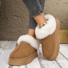 女士蓬松衬里厚底毛绒拖鞋，保暖羊毛雪地靴，适合秋冬季 - 鏽棕色 - 查看 14