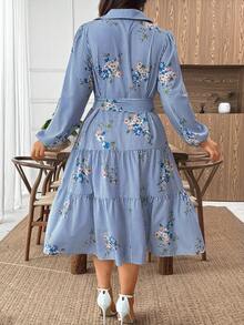 Plus Size Women Elegant Blue & White Striped Button Front Ruffle Hem Short Sleeve Shirt Dress