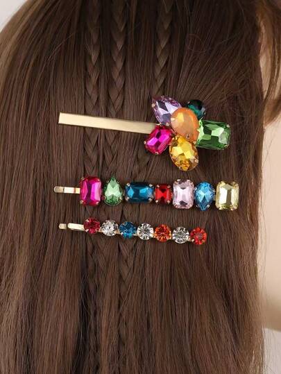 1pc/3pcs Colorful Water Crystal One-Sided Hairpin - Fashion Side Clip - Super Heavenly Sparkling Headpiece, Claw Clips, Hair Slide, Hair Barrettes