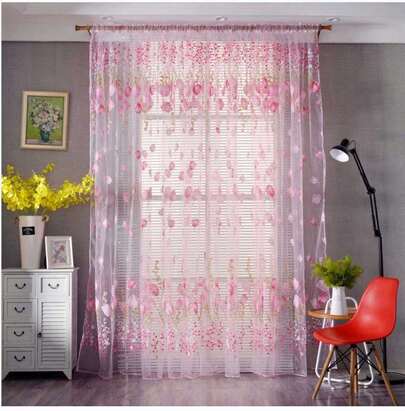 2 Panels Sheer Curtain, Single-Layer Rose Print Semi Sheer Window Curtains Drapes Set For Bedroom Sliding Glass Door Purple Curtain Drape Rod Pocket Top Tulle Gauze