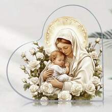 1pc Jesus And Virgin Mary Acrylic Figurine, Heart-Shaped Desktop Decor With White Rose, Suitable For Home And Office Decoration, No Electricity Required, Creative Spiritual Gift, Religious Theme, Christmas Decoration - Multicolor - View 2