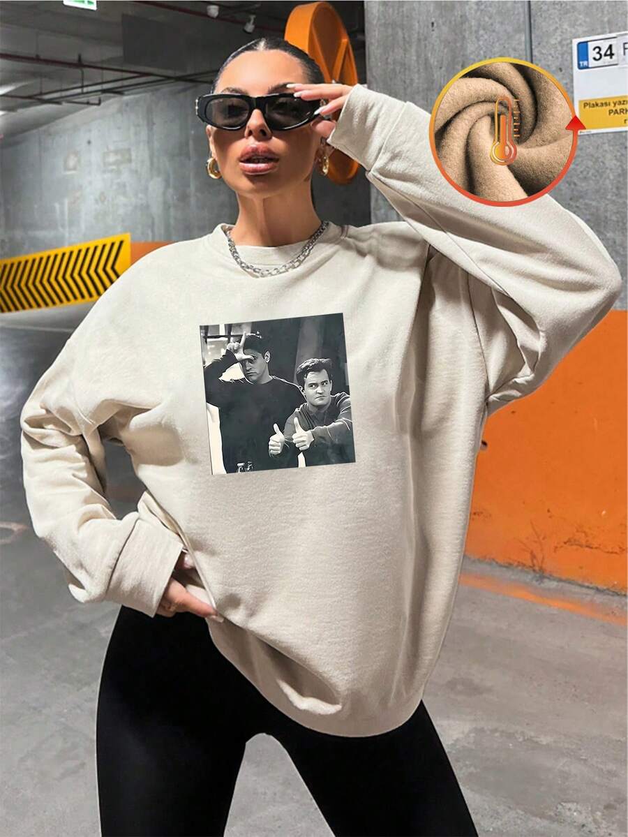 1 件 100% 纯棉《老友记》电视剧 Chandler & Joey 肖像图案印花女式长袖 T 恤 - 杏色 - 查看 1