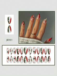 24 piezas de uñas postizas con forma de almendra, regalo de árbol de Navidad asimétrico rojo y verde, con pequeños puntos y diseño de estrella, de acrílico brillante y suave. Adecuado para reuniones de chicas cool, uso diario, trabajo, citas, fiestas, regalos de Año Nuevo, etc. ¡Mejora tu estilo!