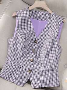 Women's Plaid Woven Fabric Front Button Pocket Casual Vest Jacket, Spring/Autumn - Mauve Purple - View 1