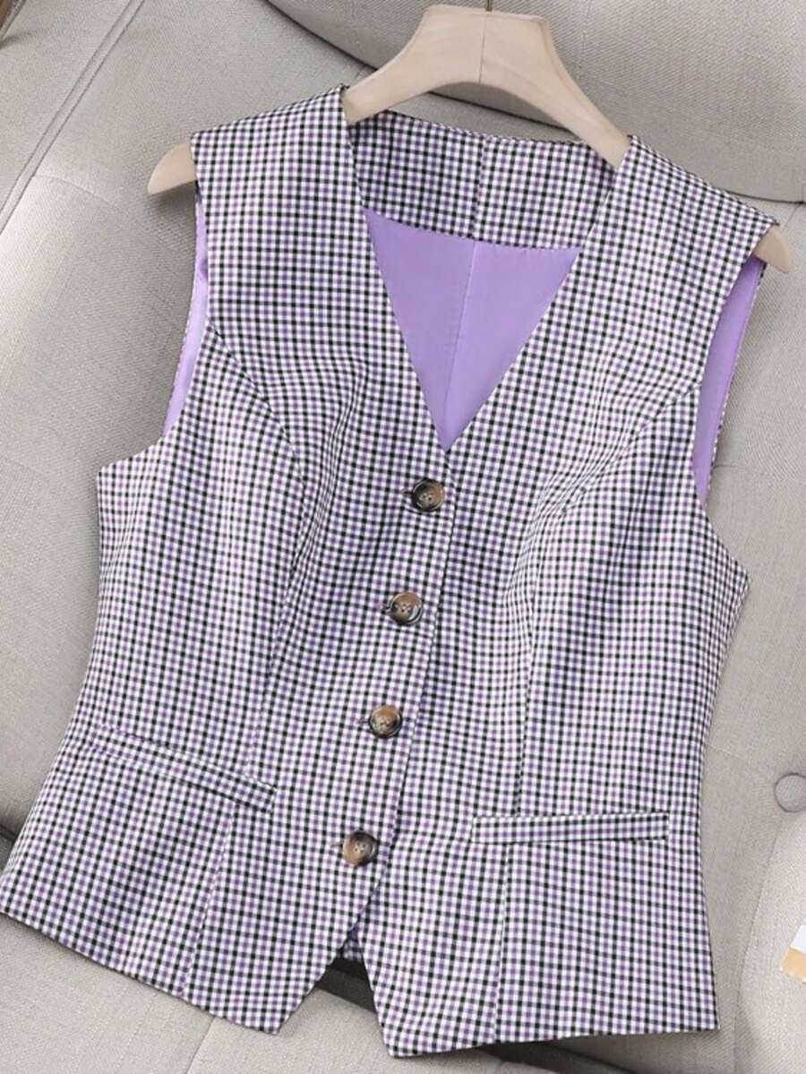 Women's Plaid Woven Fabric Front Button Pocket Casual Vest Jacket, Spring/Autumn - Mauve Purple - View 1