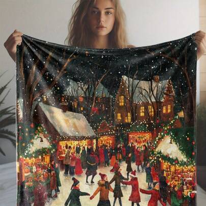 [Cozy Retro Style All-Season Gift] Cozy Flannel Christmas Blanket With Snowy Village Print - Soft, Warm Throw For Couch, Bed, Car, Office, Camping & Travel - Versatile All-Season Gift, Retro Style