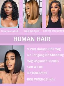 V Part Wig Human Hair Wigs For Women Bob Straight Glueless Wigs Brazilian Remy Human Hair 150% Density Bob Wigs Natural Black For Women