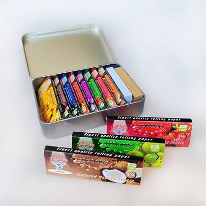Nuovo set di cartine da rollare aromatizzate in scatola di latta (10 pacchetti di cartine + 2 pacchetti di filtri + 1 scatola di latta), set portatile di accessori per il fumo