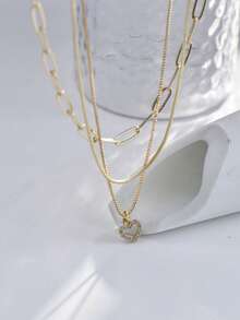 Tkool Bộ 3 dây chuyền mặt trái tim rỗng tối giản đính đá Cubic Zirconia khảm siêu nhỏ dành cho nữ (Móc khóa ngẫu nhiên) - Vàng - Xem 3