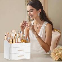 Makeup Organizer Vanity With 2 Drawers, Large Bathroom Countertop Cosmetics Organizer Skin Care Storage, Easy To Store Lipsticks, Nail Polishes, Perfumes, Eyeshadow Palettes, All White - 最初的 - 查看 7