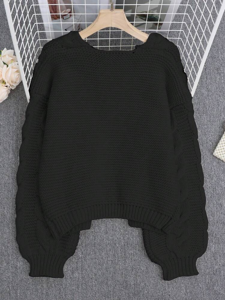 女装秋冬时尚休闲通勤罗纹宽松外套针织长袖常规宽松修身针织短款开衫外套，流行宽松款式手工粗针钩针加厚针织开衫外套毛衣上衣，毛衣开衫，流行撞色，外套，返校服， - 黑色 - 查看 8