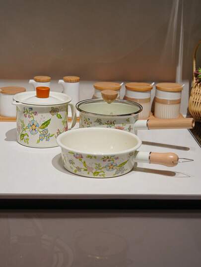 1 件木柄搪瓷不粘锅，时尚花卉早餐煎锅，快速加热搪瓷汤锅，适用于燃气灶、柴炉、电磁炉、烤箱、蒸锅，2 人汤锅带盖和不带盖，搪瓷锅加热迅速（内有液体使用），精美包装，适合作为母亲节和圣诞节送给朋友、母亲和岳母的时尚礼物
