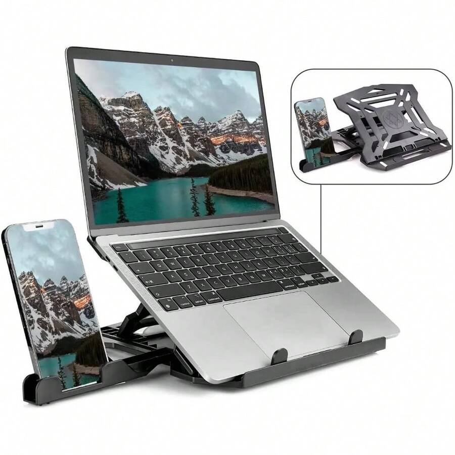 2 en 1 Soporte para Computadora Portátil,Ajustable Base Soporte para Laptop,Portátil Soporte para Laptop con Soporte para Celular Desmontable y Base giratoria de 360 ° ,Diseño Ergonómico (Dentro de 17") - 1 - Ver 1