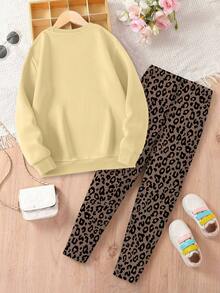 Tween Girls Leopard Heart & Letter Print Comfy Loose Sweatshirt And Leopard Print Soft Pants Set - Apricot - View 2