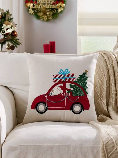 1pc Christmas Red Car & Christmas Tree Embroidered Throw Pillow Cover, Suitable For Indoor Decor, Christmas Decorative Cushion Cover, Pillow Insert Not Included