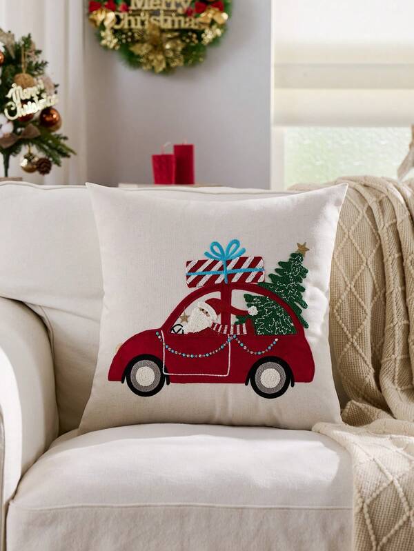 1pc Christmas Red Car & Christmas Tree Embroidered Throw Pillow Cover, Suitable For Indoor Decor, Christmas Decorative Cushion Cover, Pillow Insert Not Included