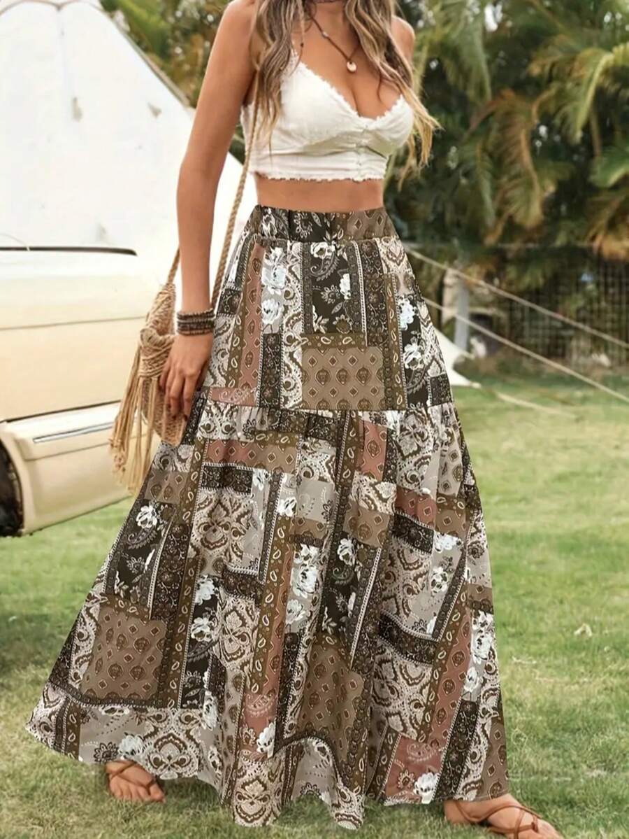 Falda con volantes y estampado patchwork bohemio de vacaciones para mujer, primavera - Caqui - Ver 1