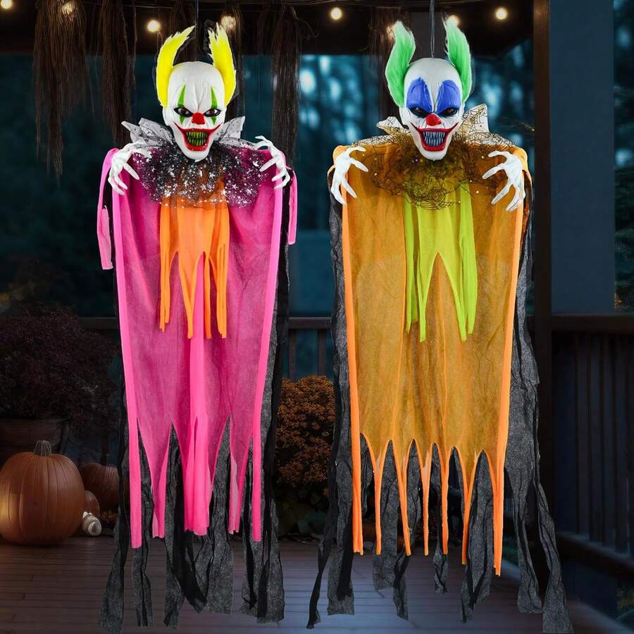 JOYIN - 2 piezas de 35.4 pulgadas, payaso colgante de Halloween, decoración al aire última intervensión, decoración de payaso espeluznante, suministros de fiesta, luz de ojos encantados, casa - 1 - Ver 1