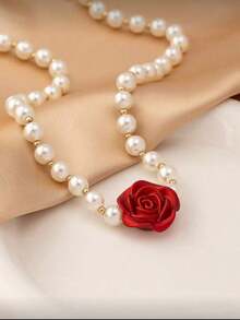 Red Rose Pendant Pearl Necklace For Women, Luxury Vintage Choker Necklace, Exaggerated European And American Fashion Accessory