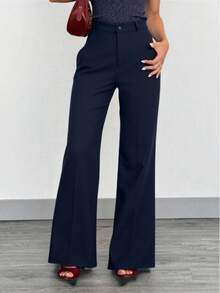 Women's Tailored Flare Pants With Fake Pockets At The Back - Màu xanh hải quân - Xem 3
