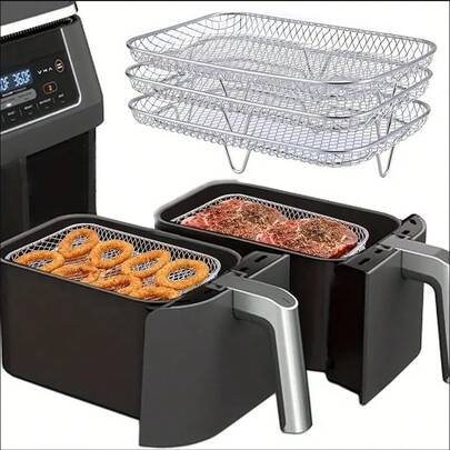 Set Of 3PCS Stainless Steel Air Fryer Grilling Rack Double Basket, 3 Layer Dehydrator Barbecue Rectangular Air Fryer Rack, Multi-Purpose Air Fryer Accessories For Kitchen Baking And Roasting