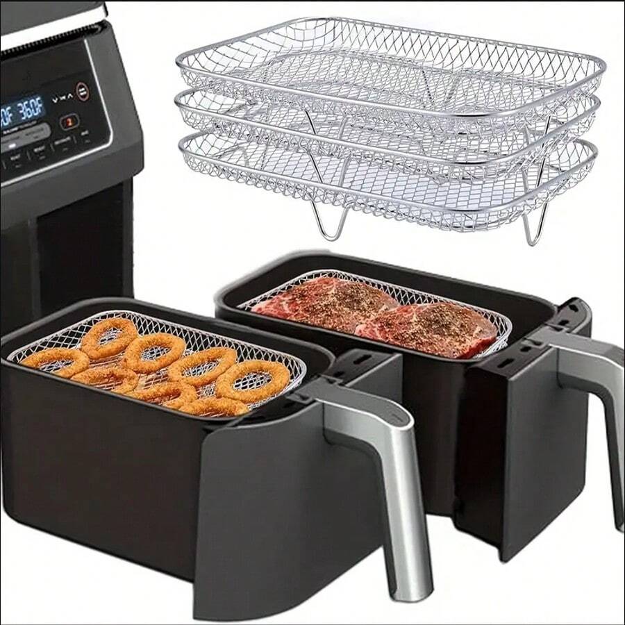 Set Of 3PCS Stainless Steel Air Fryer Grilling Rack Double Basket, 3 Layer Dehydrator Barbecue Rectangular Air Fryer Rack, Multi-Purpose Air Fryer Accessories For Kitchen Baking And Roasting - Silver - View 1