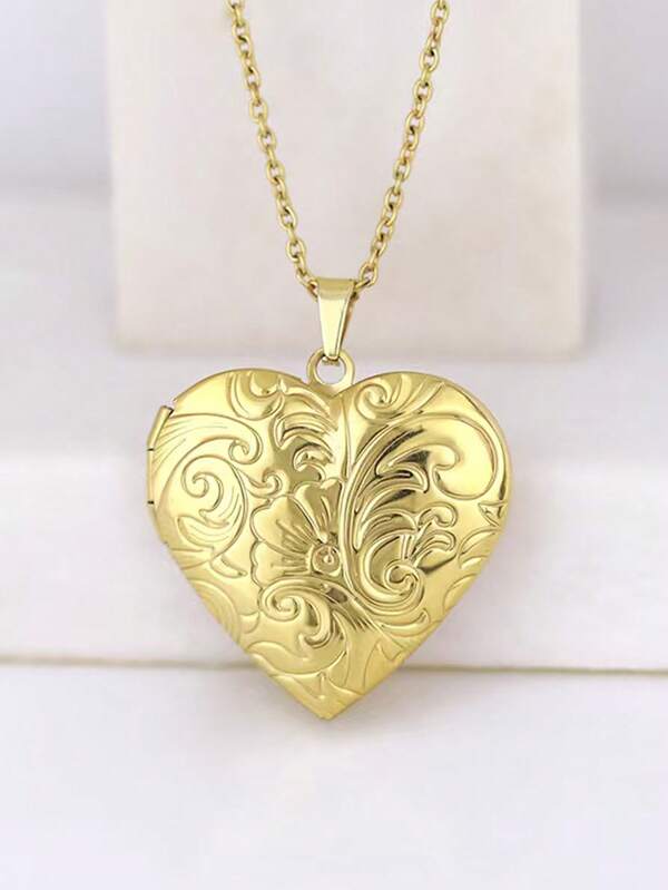 1 colar com medalhão em formato de coração, banhado a ouro 18K, em aço inoxidável, com estampa floral, que pode ser aberto para guardar fotos, colar com pingente de coração, presente minimalista para o Dia dos Namorados
