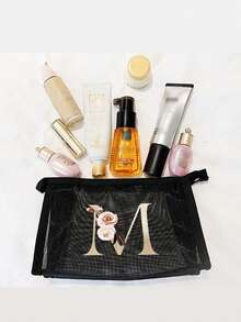 1pc Black Mesh Bag, Printed With Creative Flower Letters A-Z Transparent Mesh Cosmetic Storage Bag, Large Capacity Multi-Functional Travel Portable Bag, Lipstick Skin Care Product Storage Toiletry Cosmetic Bag, Student Stationery Bag, Mesh Zipper Bag Makeup Bag Make Up Bag Makeup Pouch Toiletry Bag Wash Bag Travel Essential Cruise Essentials Vacation Essentials For Men Women - Black - View 6