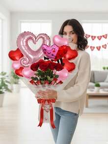 16pcs/Set Valentine's Day Party Decorative Balloons, Suitable For Creating Valentine's Day Bouquets (This Set Only Includes Balloons, No Other Accessories) Mini Hugging Bear/Koala/Couple Bear/Heart-Linked Balloons, 18-Inch Red/Pink/Rose Gold Heart-Shaped Foil Balloons, 10-Inch Red/Pink/Silver Heart-Shaped Foil Balloons, Suitable For Valentine's Day Surprise Gifts, Decorations, Proposals, Engagements - Multicolor - View 11