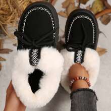 Slippers For Women Fall Winter Warm Faux Fur Lined Ankle Boots Indoor Outdoor House Shoes Cotton Fuzzy Bedroom Slippers - 黑色 - 查看 4