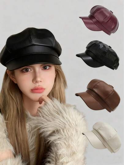 1 秋冬帽子女复古时尚韩版pu皮画家帽大头帽显脸小八角帽保暖棒球帽