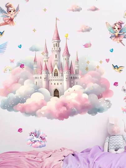 1 pieza Pegatinas de pared de hadas Pegatinas de castillo de princesa Pegatinas de pared extraíbles y adhesivas para dormitorio de princesa, sala de estar, sala de juegos, decoración de pared, decoración de habitación, decoración de dormitorio, decoración de cocina