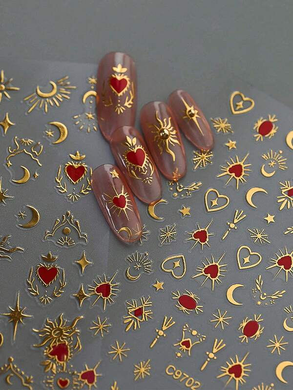 قطعة واحدة من ملصقات الأظافر الزخرفية ذات الطراز القديم باللون الذهبي والأحمر، تتميز بزخارف على شكل القمر والشمس والقلب، مناسبة لتزيين أظافر السيدات ذات الشكل اللوز والحرف T والقطرة، ملصقات أظافر أنيقة وأنيقة للسيدات، زخارف الأظافر DIY للسيدات، مناسبة للاستخدام في حفلات الأعياد والنزهات والعروض الخارجية