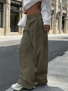 Sulojter Casual Loose Solid Color Elastic Waist Sweatpants - Khaki - View 6