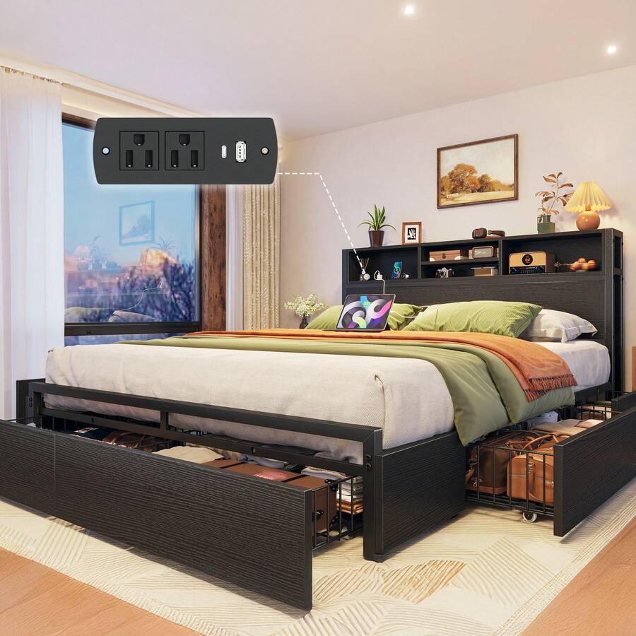 Estructura de cama de metal con 6 cajones de almacenamiento y estación de carga. Plataforma de cama con cabecera con librero. Sin ruido, sin necesidad de somieres. - Negro - Ver 1