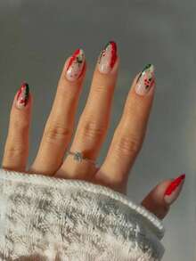 24 piezas de uñas postizas con forma de almendra, regalo de árbol de Navidad asimétrico rojo y verde, con pequeños puntos y diseño de estrella, de acrílico brillante y suave. Adecuado para reuniones de chicas cool, uso diario, trabajo, citas, fiestas, regalos de Año Nuevo, etc. ¡Mejora tu estilo!