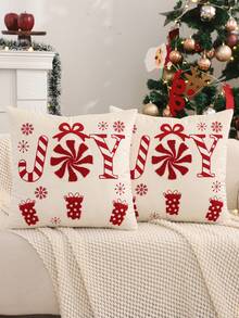 1pc/2pcs Christmas Pillow Cover, Merry Christmas Embroidered Plush Fabric, Farmhouse Decor For Living Room Bedroom Sofa, Holiday Gift