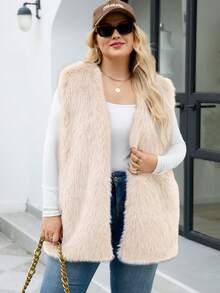 Plus Size Faux Fur Vest Regular Sleeveless V Neck Coat - Apricot - View 2
