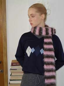 ROMWE Kawaii 韩国设计师撞色条纹针织围巾，保暖条纹羊绒围巾，小众精致柔软针织围脖，时尚街头风女士围巾，秋冬连衣裙搭配 - 彩色 - 查看 3