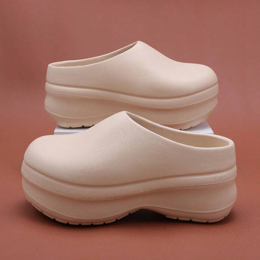 8cm Thick Sole Perforated Clogs, Unisex Lightweight Non-Slip Elevated Chef Shoes, Closed Toe Mule Slippers For Kitchen, Hospital, Nurse - Khaki - View 1