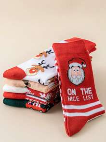 6 Pairs New Plus Size Christmas Socks Set, Mid-Calf Santa Claus Cute Cartoon Socks