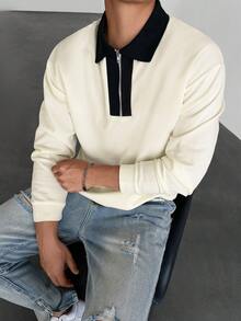 Men's Casual Color Block Long Sleeve Commuter Zip Design Polo Shirt, Fall - White - View 6