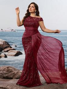 BluePlum Blau-Pflaume Satin Schleife & Pailletten glänzendes luxuriöses Abendkleid, Elegantes Damen Kleid mit asymmetrischem Ausschnitt, würdevoller bodenlanger Meerjungfrau-Cocktailparty-Kleid, ärmellos Blumen Hochzeitsgast Partykleid, Damen sexy Retro Frühling - Bordeaux - Übersicht 5