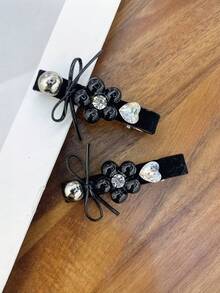 Shiny Black Bow Flower Side Cute Women's Duck Clip Hair Accessory, Claw Clips, Hair Slide, Hair Barrettes