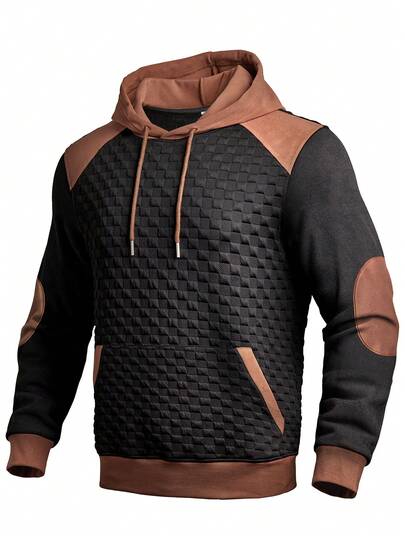 Men's Long Sleeve Contrast Color Hooded Textured Jacquard Large Plaid Sweatshirt - Black With Dark Brown Accents, Long Sleeve Casual Pullover Hoodie, Knitted Fashion Casual Wear