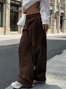 Sulojter Casual Loose Solid Color Elastic Waist Sweatpants - Coffee Brown - View 6