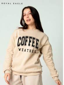 Moletom Careca Coffee Weather (FRENTE) Gola Redonda Casaco Masculino Feminino Flanelado Unissex Inverno Frio Algodão Blusa - Bege - Visão 3